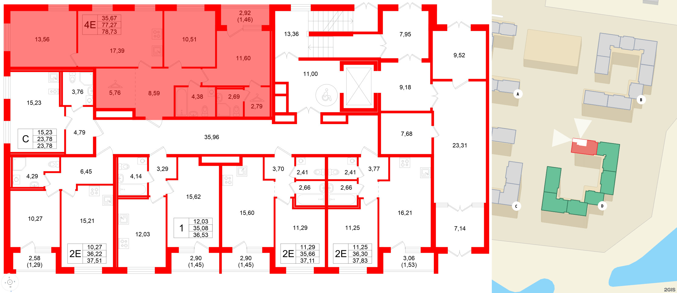 Квартира в ЖК Квартал Заречье, 3 комнатная, 78.73 м², 1 этаж