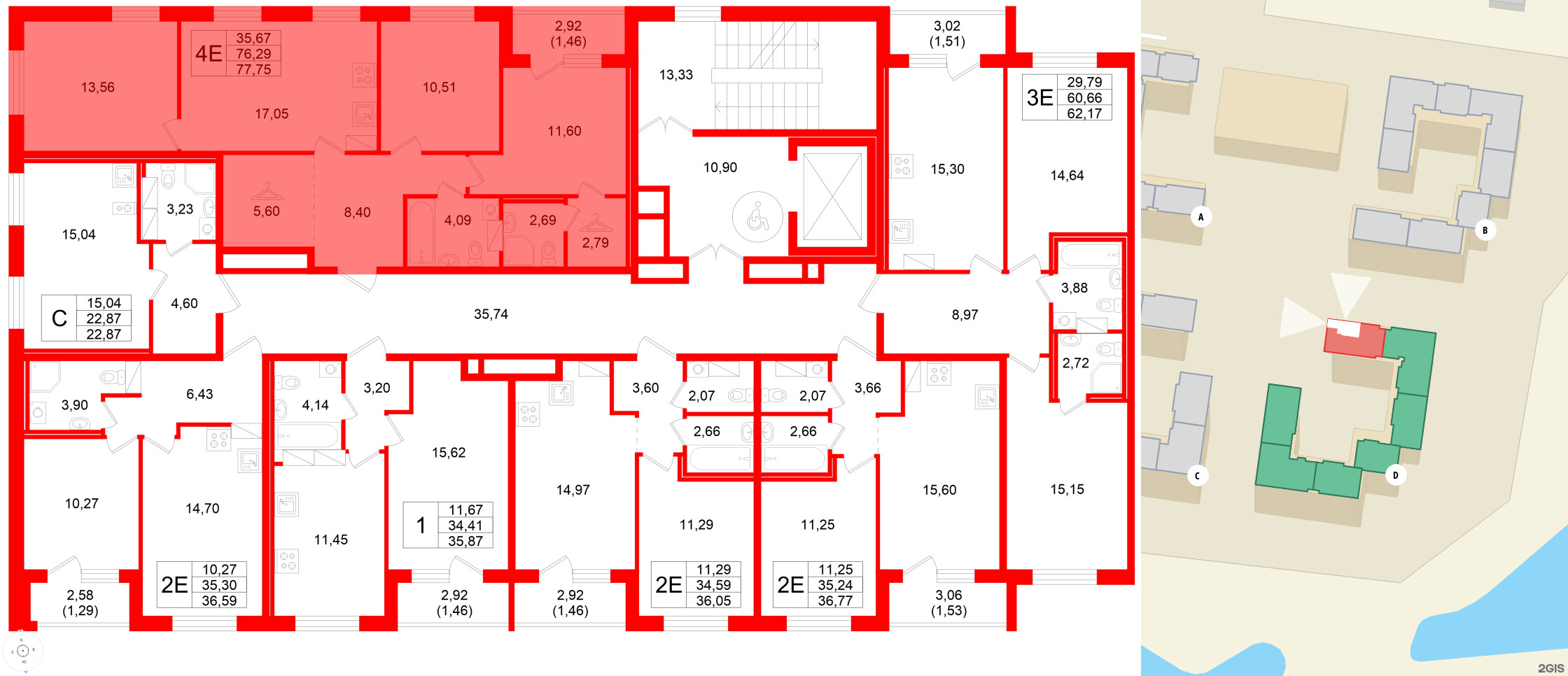 Квартира в ЖК Квартал Заречье, 3 комнатная, 77.75 м², 3 этаж