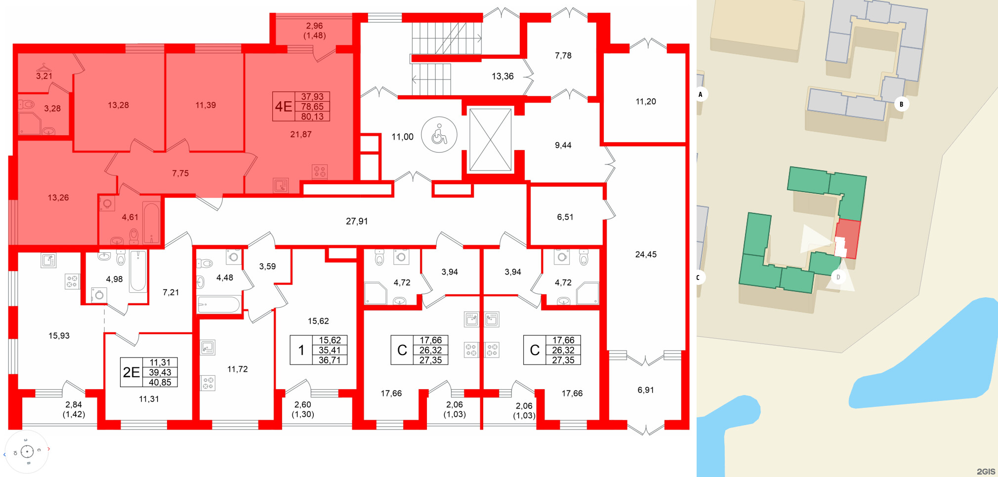 Квартира в ЖК Квартал Заречье, 3 комнатная, 80.13 м², 1 этаж