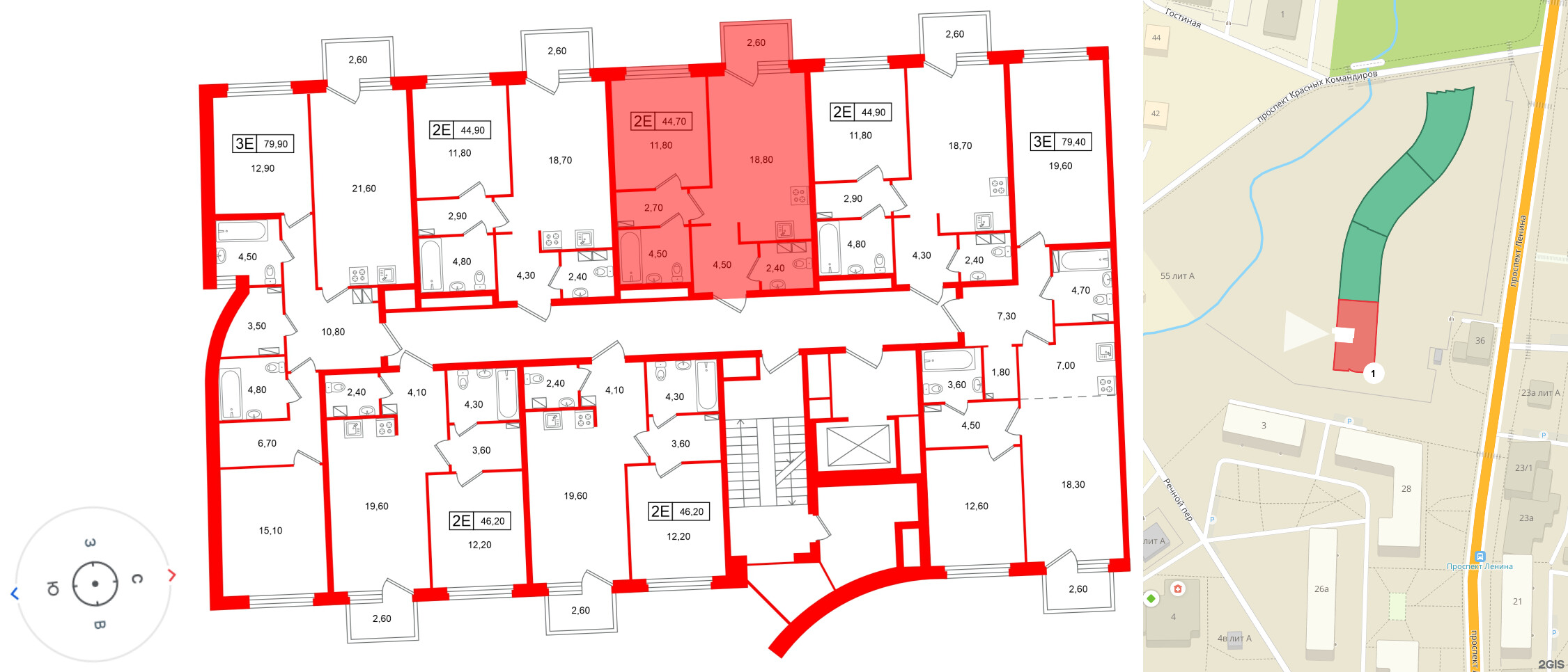 Квартира в ЖК «Цвет Зеленогорска», 1 комнатная, 44.7 м², 3 этаж