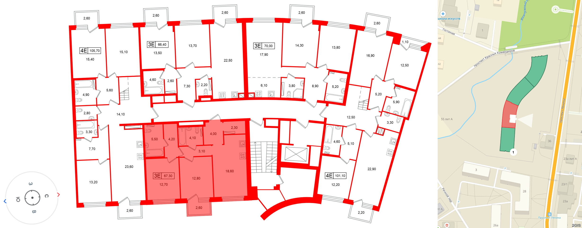 Квартира в ЖК «Цвет Зеленогорска», 2 комнатная, 67.3 м², 4 этаж
