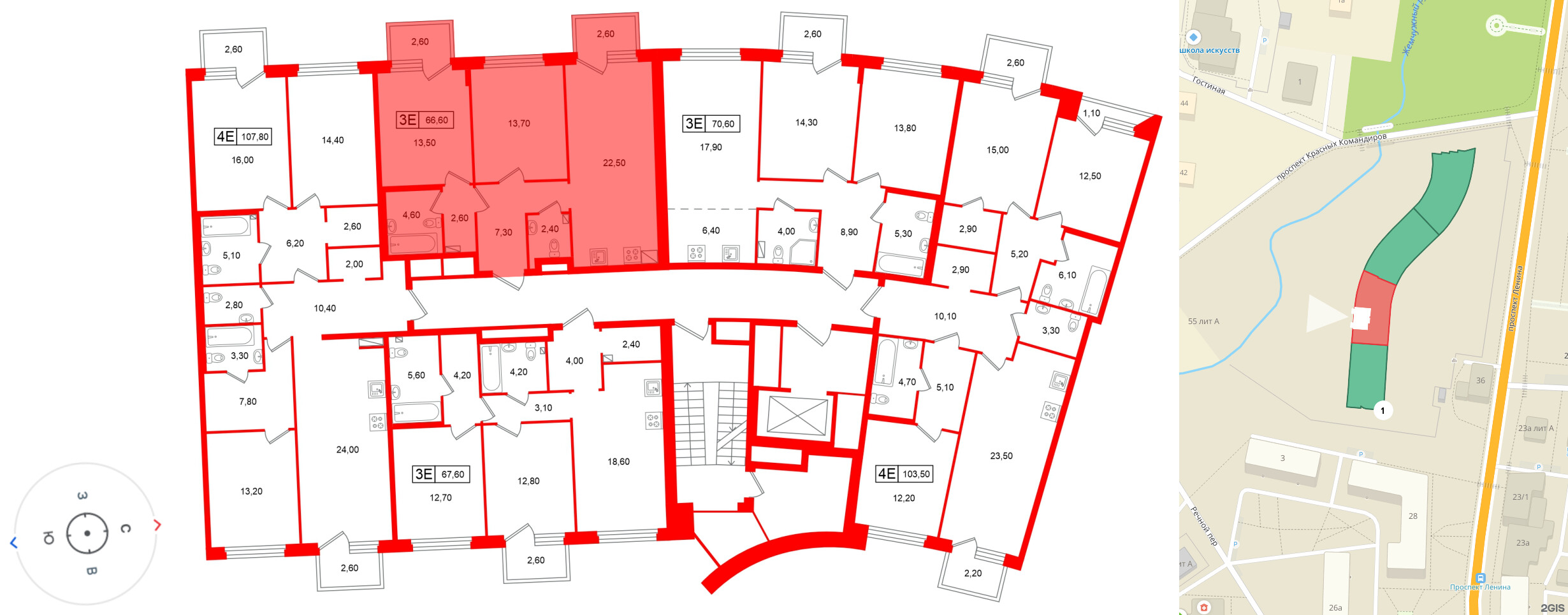 Квартира в ЖК «Цвет Зеленогорска», 2 комнатная, 66.6 м², 2 этаж