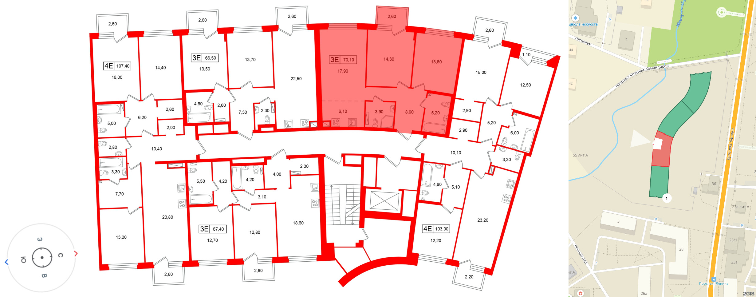 Квартира в ЖК «Цвет Зеленогорска», 2 комнатная, 70.1 м², 3 этаж