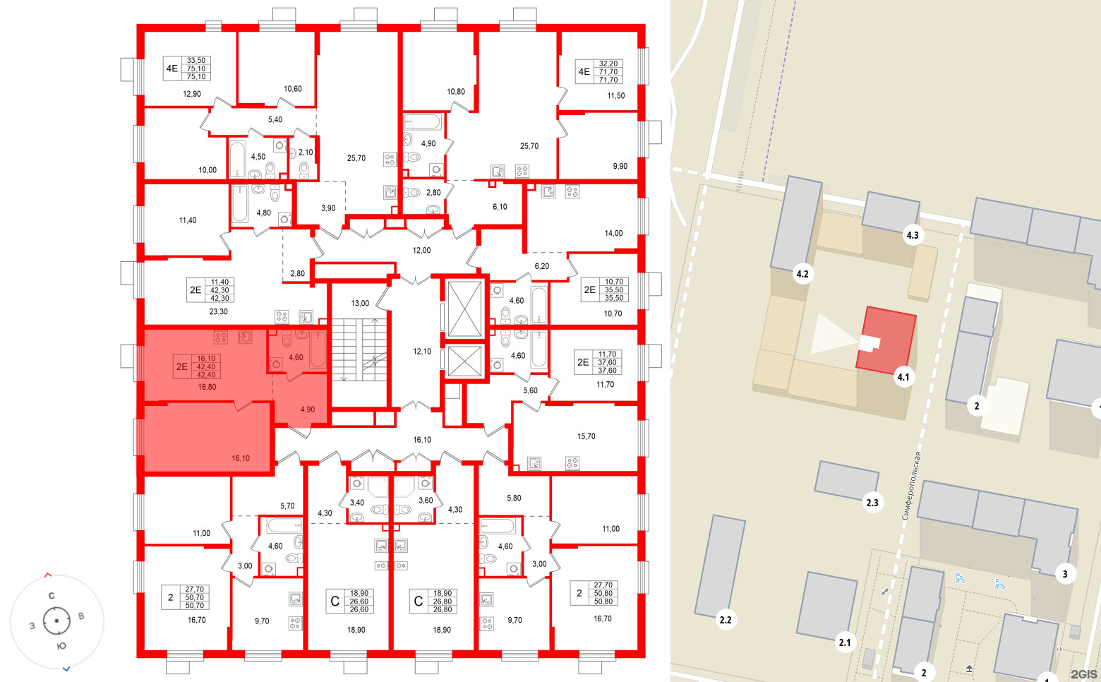 Квартира в ЖК «А101 Всеволожск», 1 комнатная, 42.4 м², 2 этаж