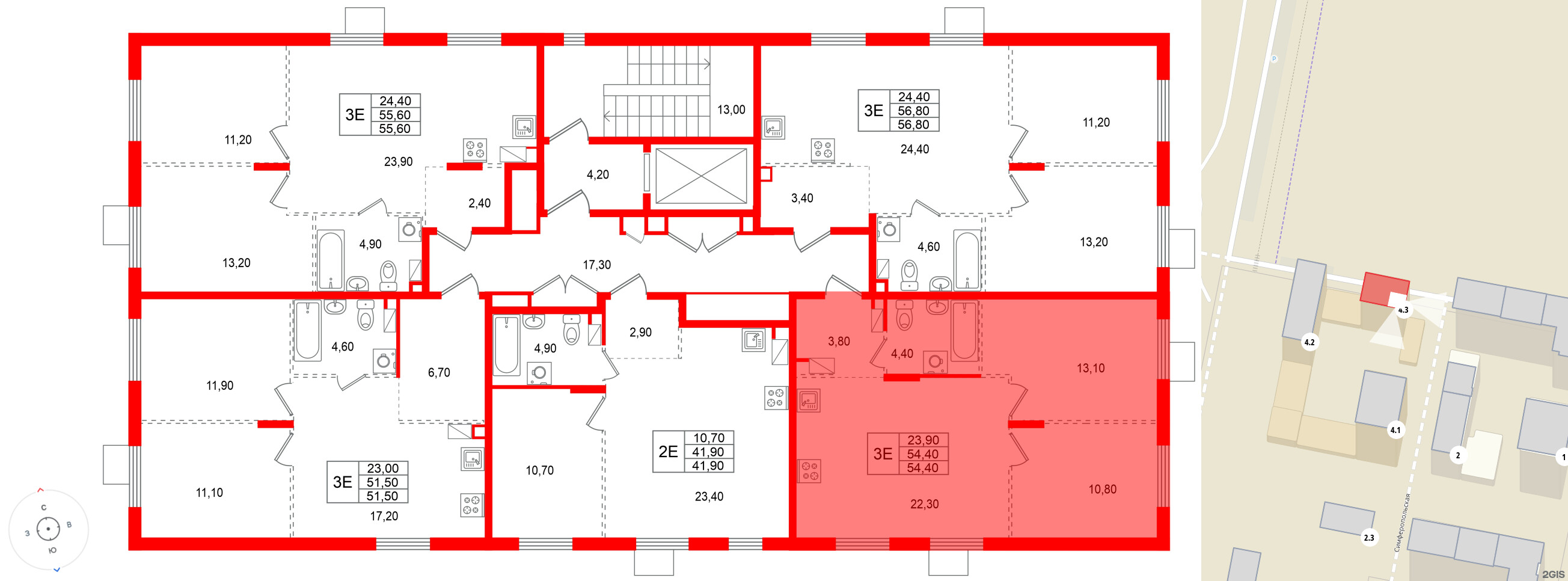Квартира в ЖК «А101 Всеволожск», 2 комнатная, 54.4 м², 8 этаж