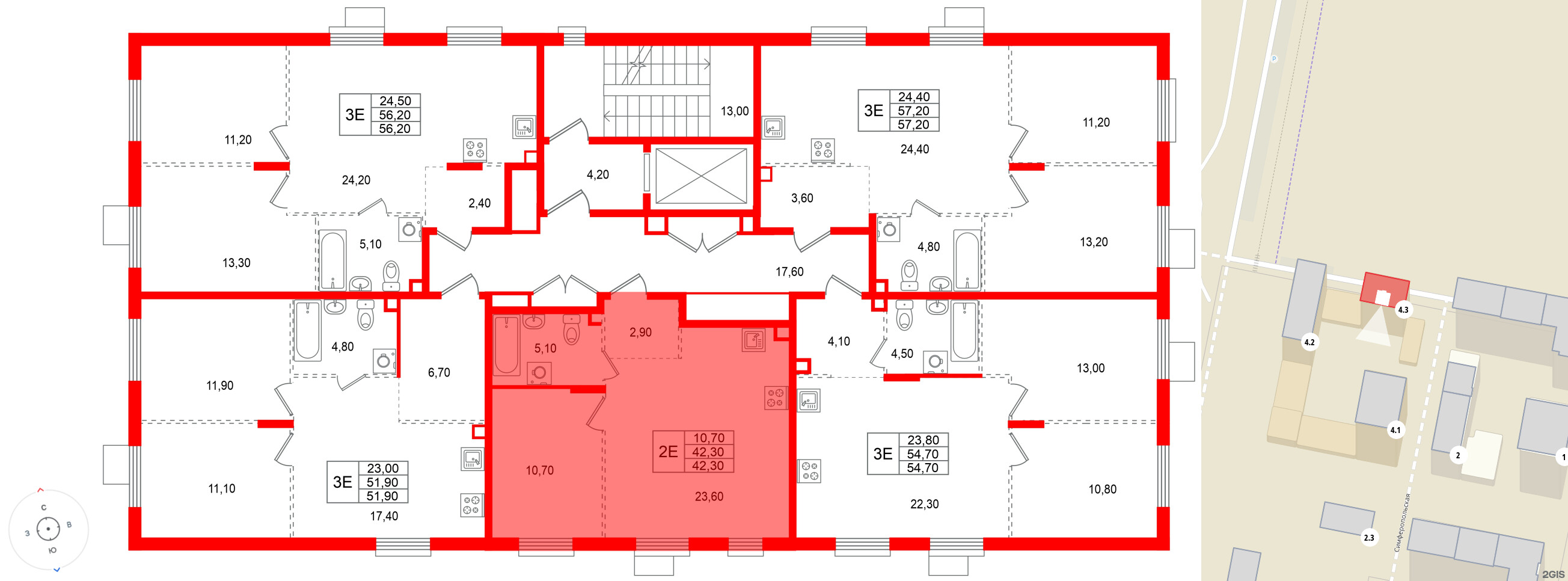 Квартира в ЖК «А101 Всеволожск», 1 комнатная, 42.3 м², 2 этаж