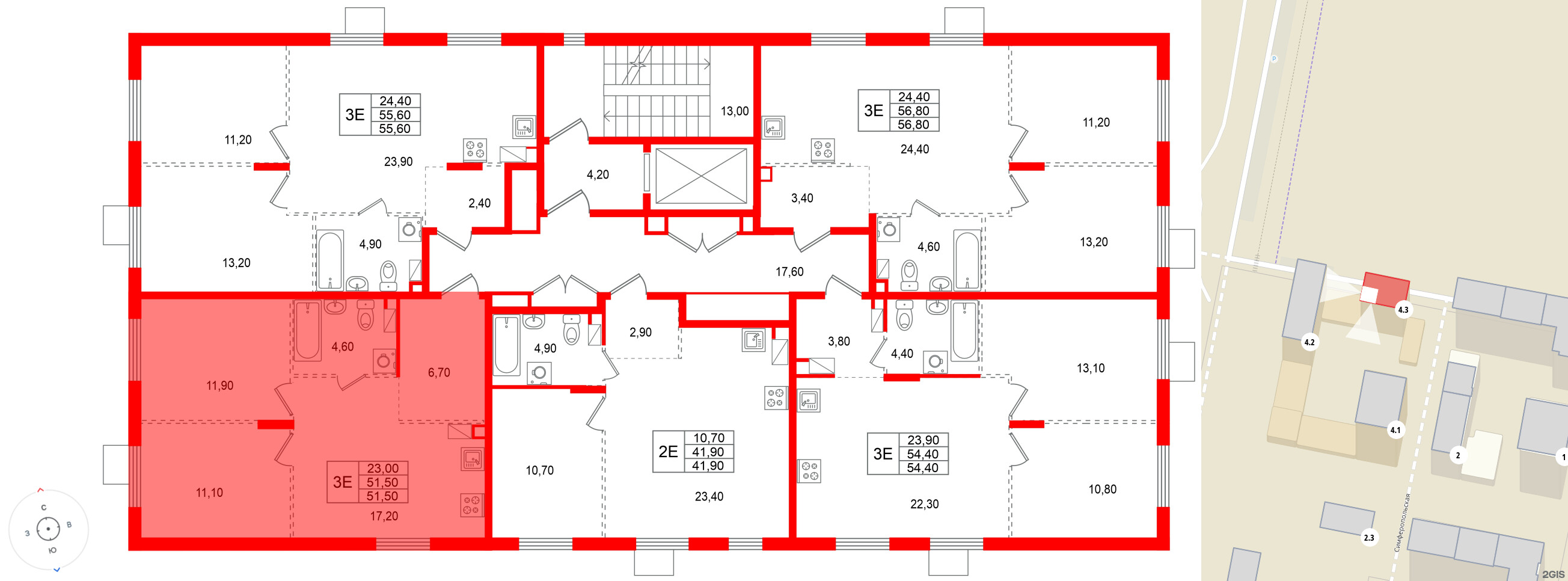 Квартира в ЖК «А101 Всеволожск», 2 комнатная, 51.5 м², 3 этаж