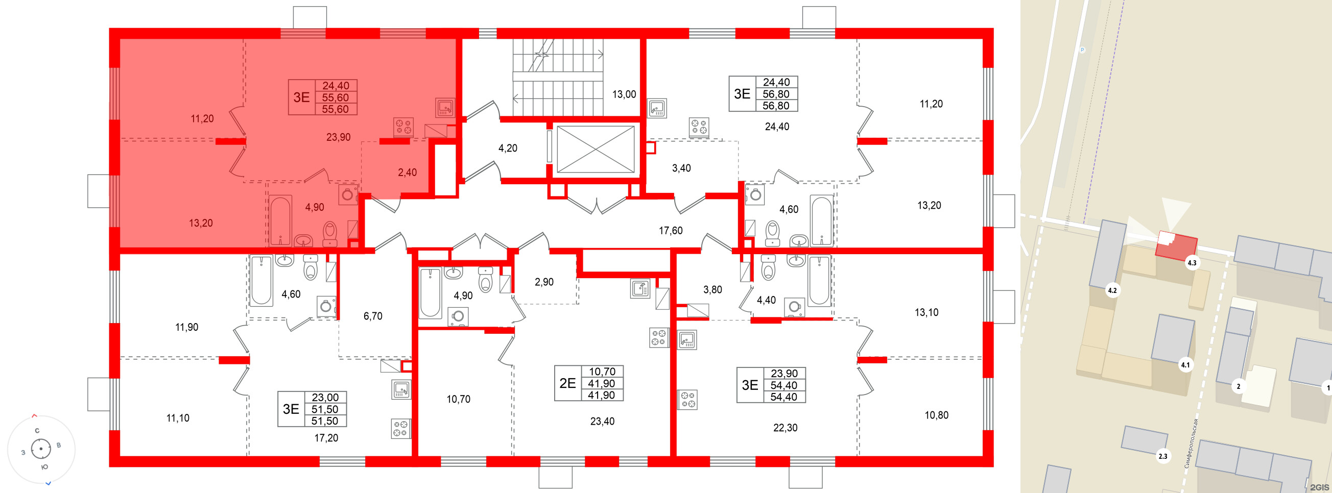 Квартира в ЖК «А101 Всеволожск», 2 комнатная, 55.6 м², 7 этаж
