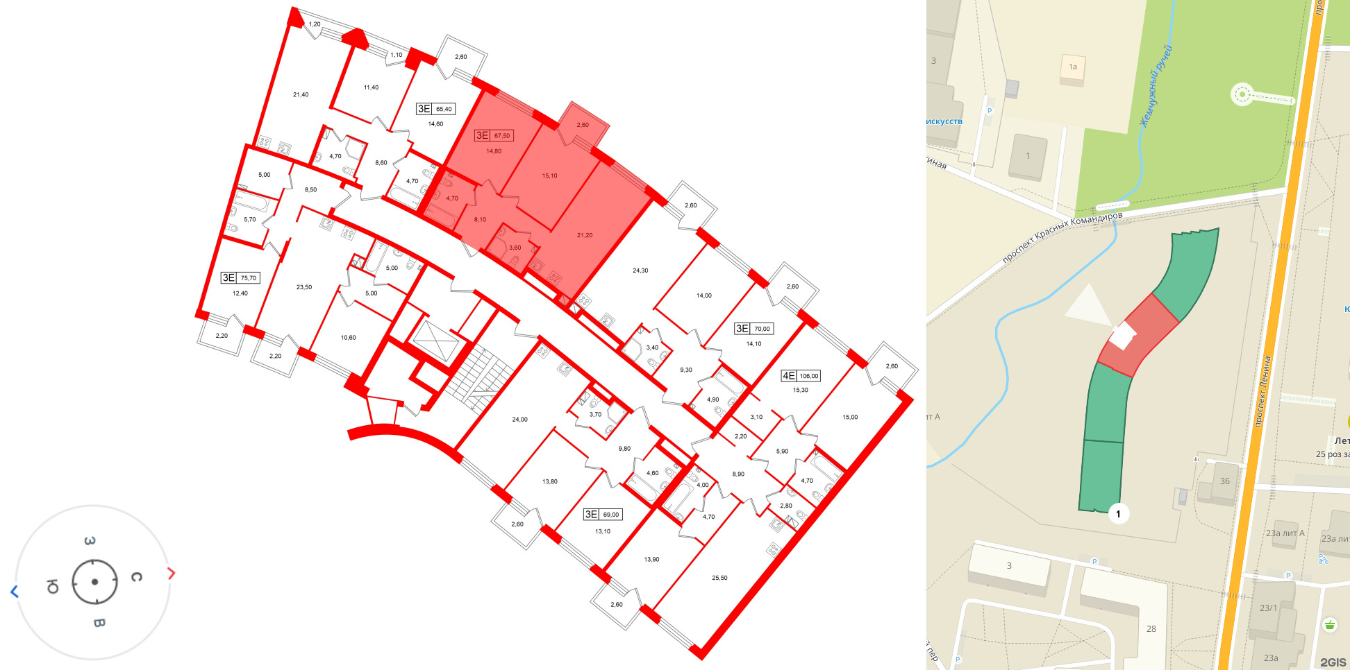 Квартира в ЖК «Цвет Зеленогорска», 2 комнатная, 67.5 м², 3 этаж