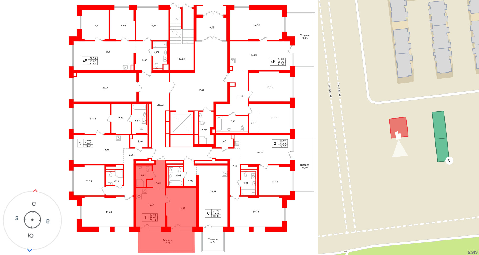 Квартира в ЖК «Брусника в Новоселье», 1 комнатная, 39.14 м², 1 этаж