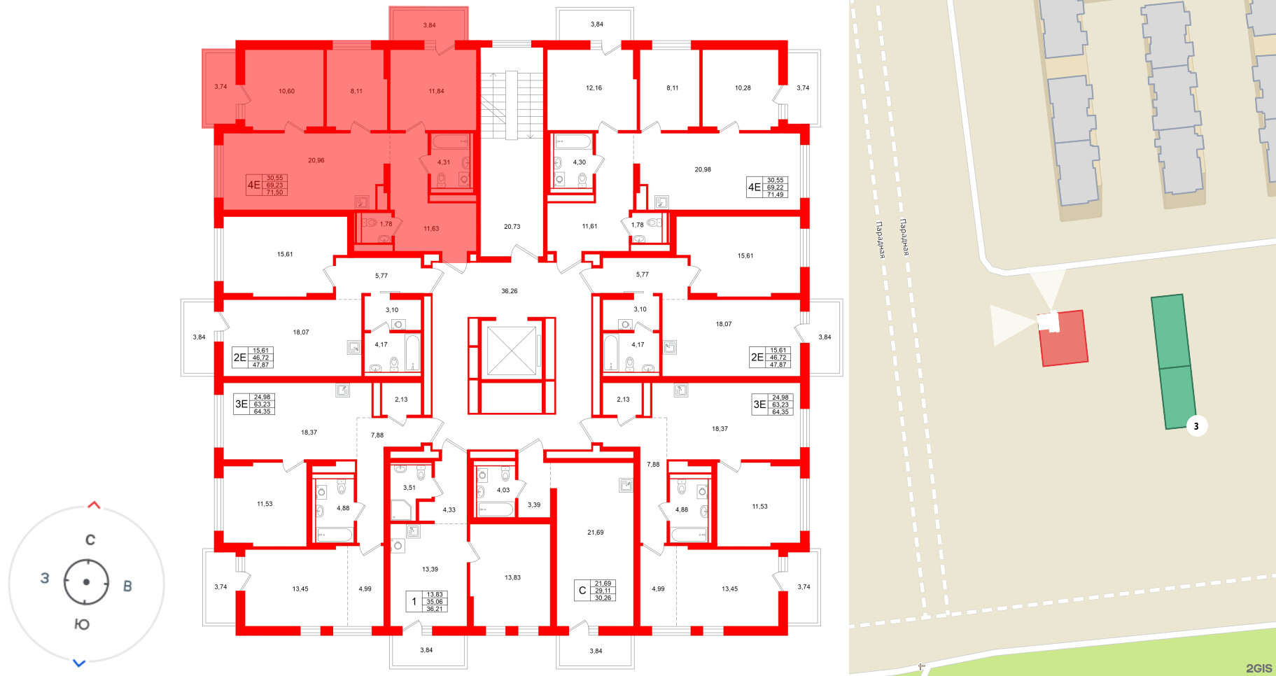 Квартира в ЖК Брусника в Новоселье, 1 комнатная, 47.87 м², 7 этаж