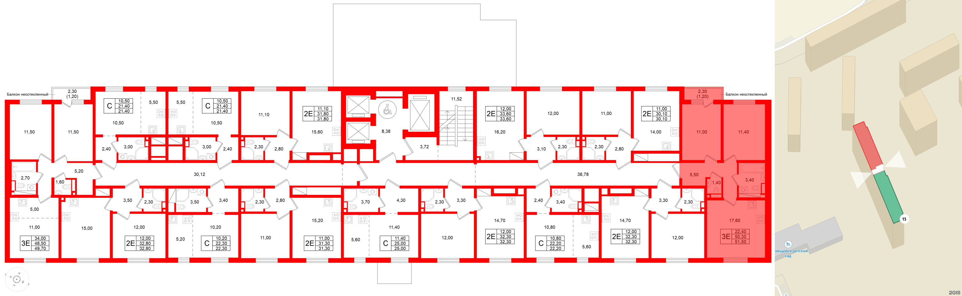 Квартира в ЖК Ржевский парк, 2 комнатная, 51.5 м², 2 этаж