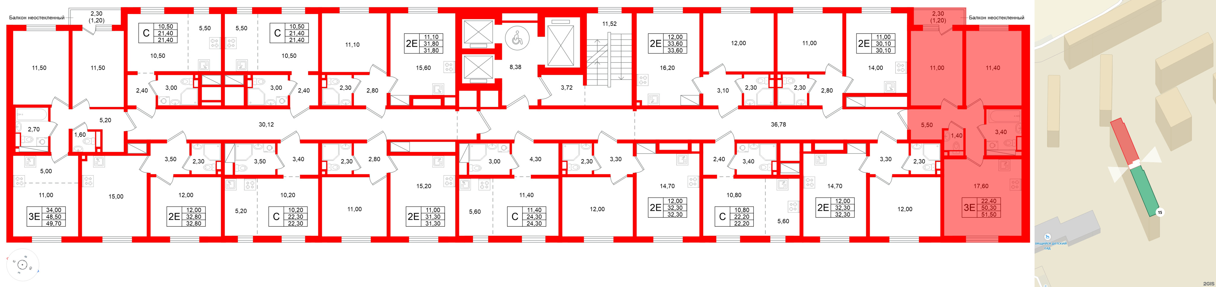 Квартира в ЖК Ржевский парк, 2 комнатная, 51.5 м², 8 этаж