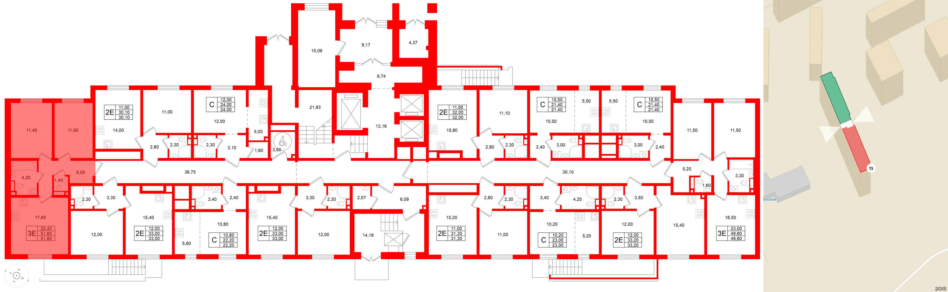 Квартира в ЖК Ржевский парк, 2 комнатная, 51.5 м², 1 этаж