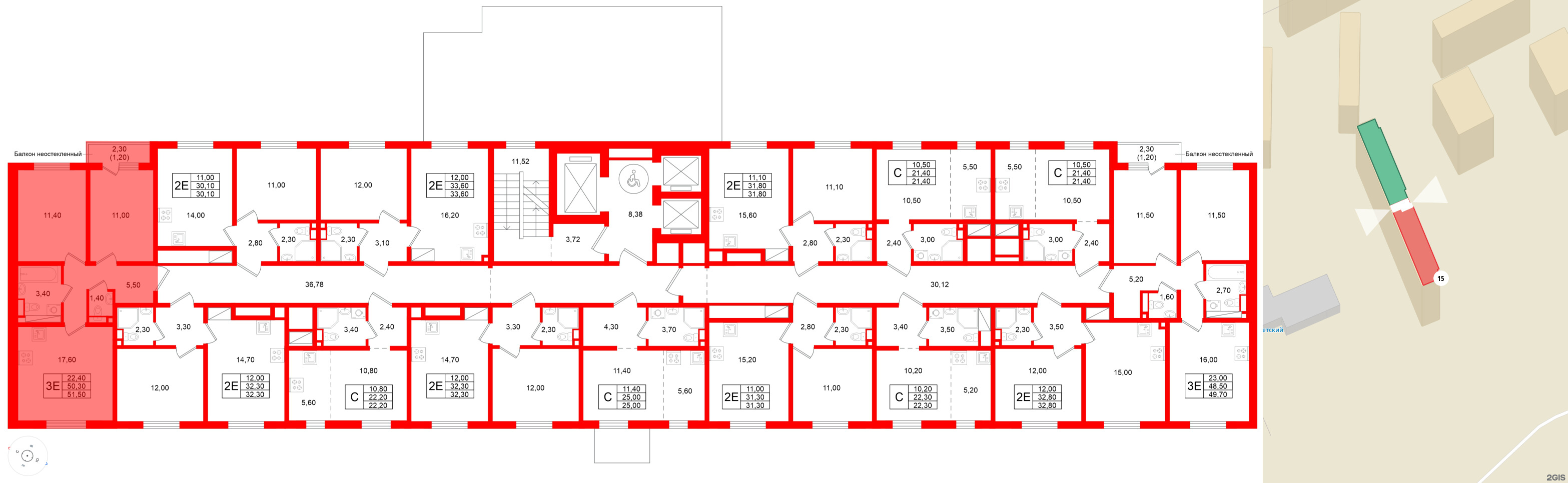 Квартира в ЖК Ржевский парк, 2 комнатная, 51.5 м², 2 этаж
