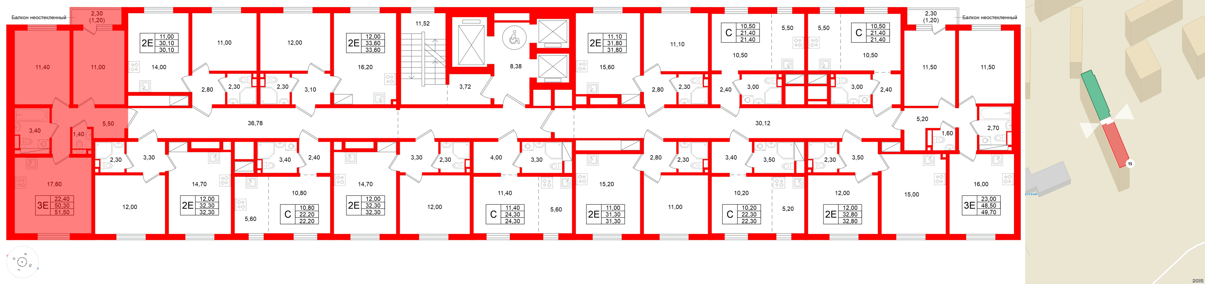 Квартира в ЖК Ржевский парк, 2 комнатная, 51.5 м², 11 этаж