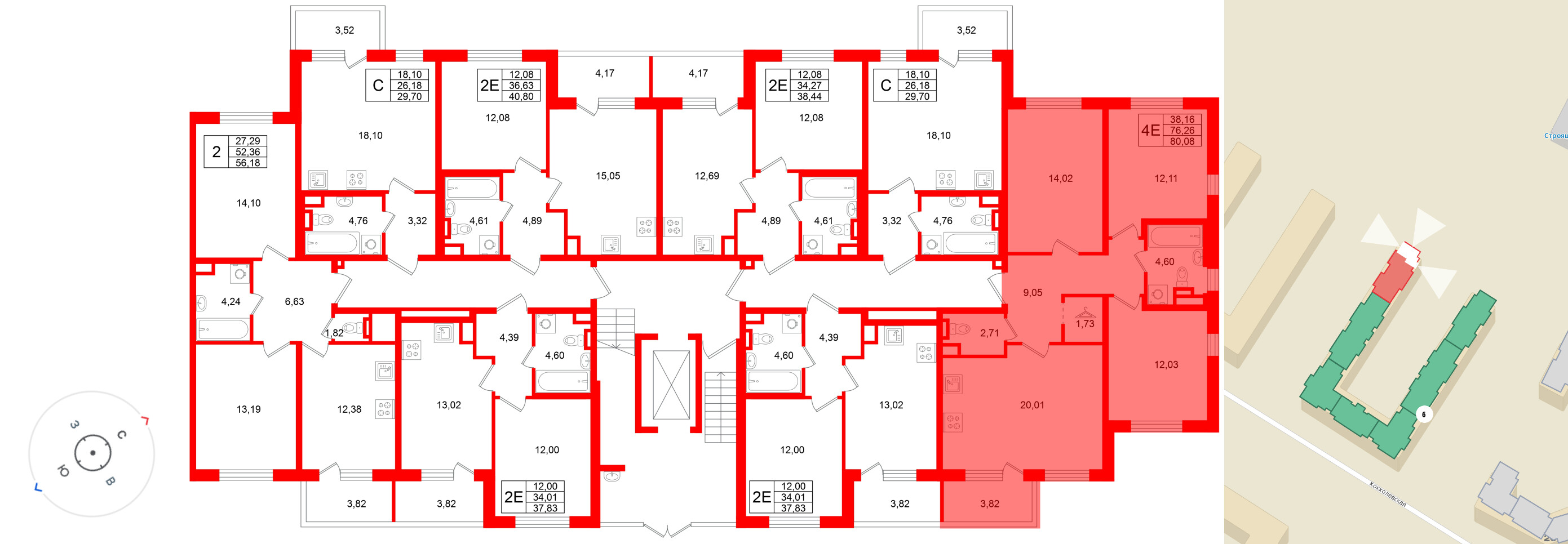Квартира в ЖК «Югтаун», 3 комнатная, 80.08 м², 1 этаж