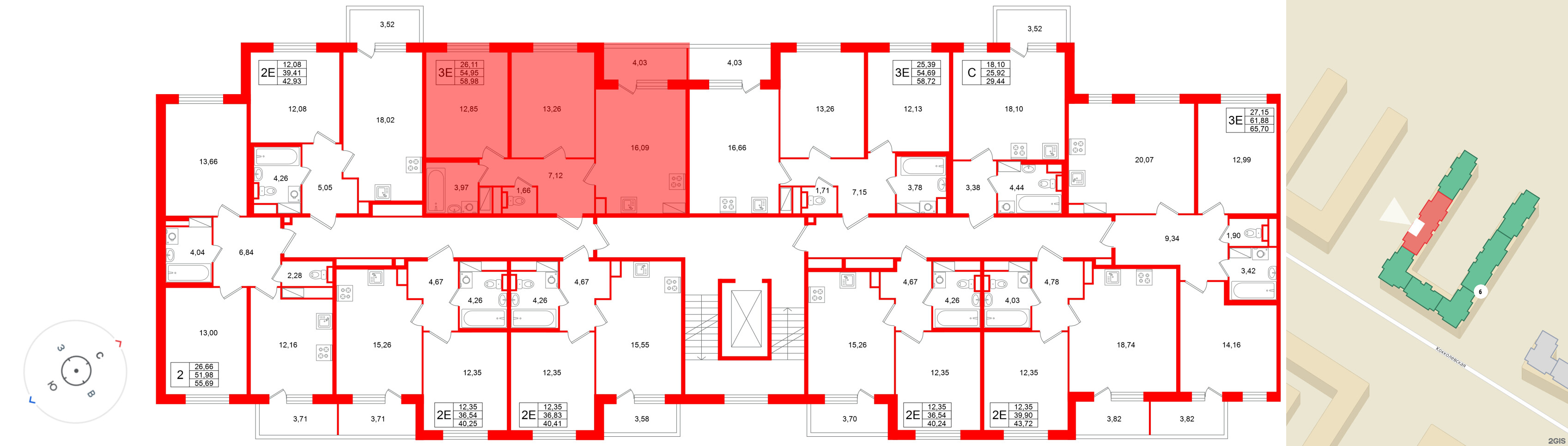 Квартира в ЖК Югтаун, 2 комнатная, 58.98 м², 3 этаж