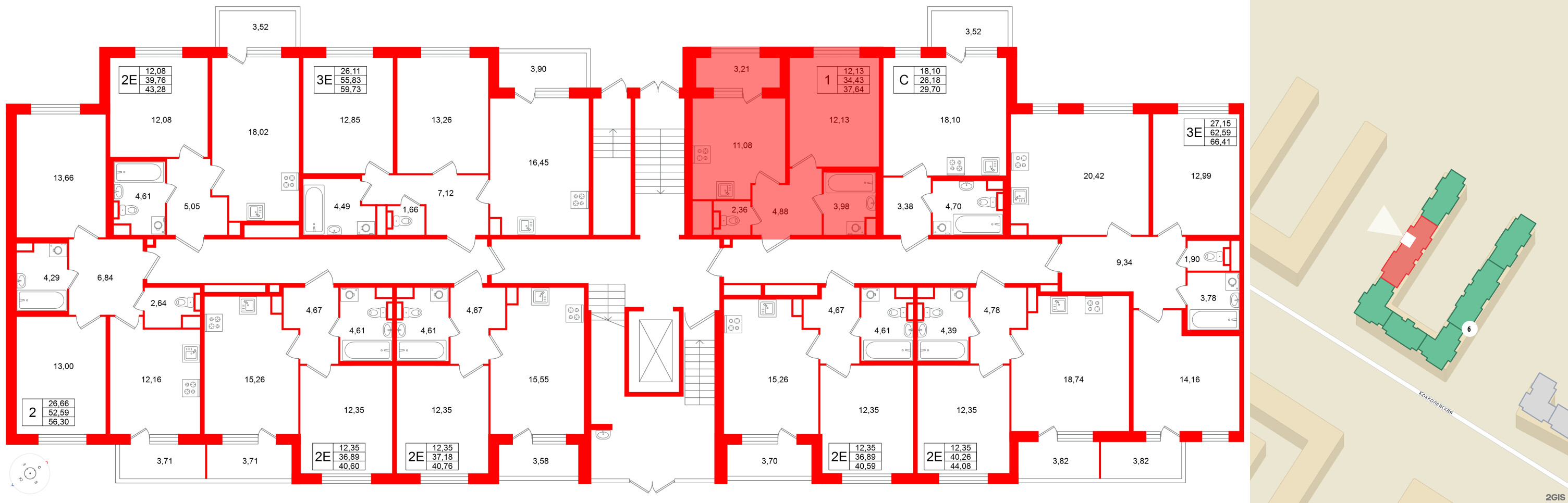 Квартира в ЖК Югтаун, 1 комнатная, 37.64 м², 1 этаж