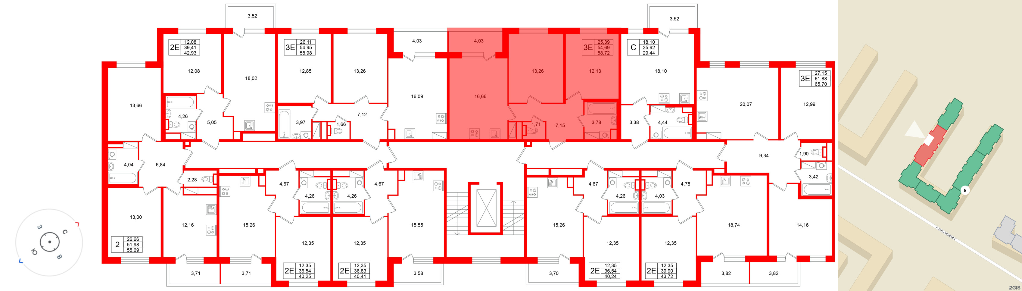 Квартира в ЖК Югтаун, 2 комнатная, 58.72 м², 4 этаж