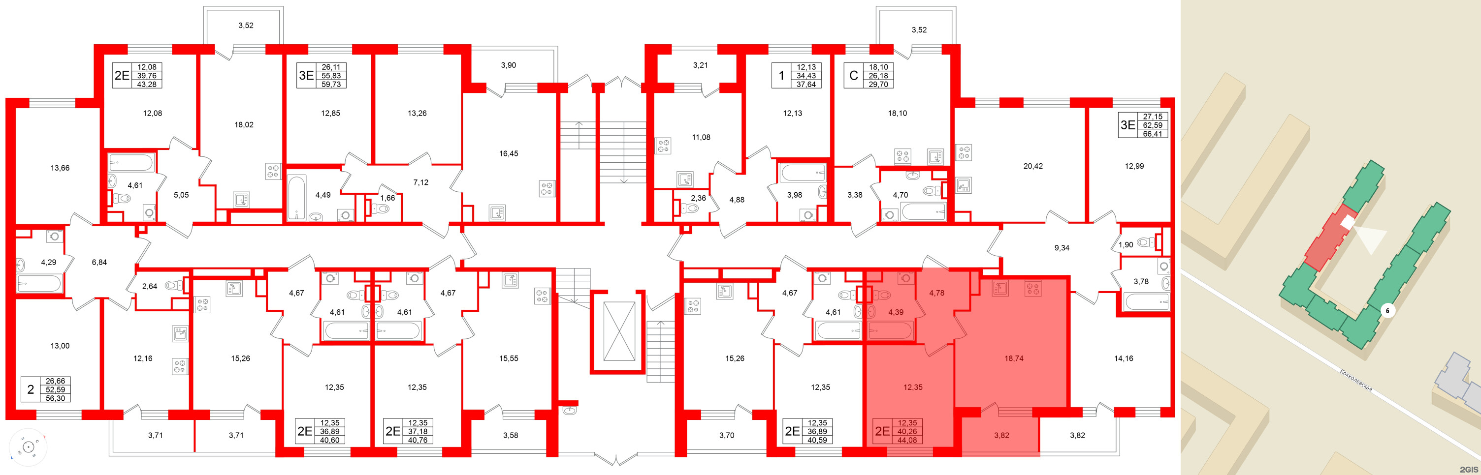 Квартира в ЖК Югтаун, 1 комнатная, 44.08 м², 1 этаж