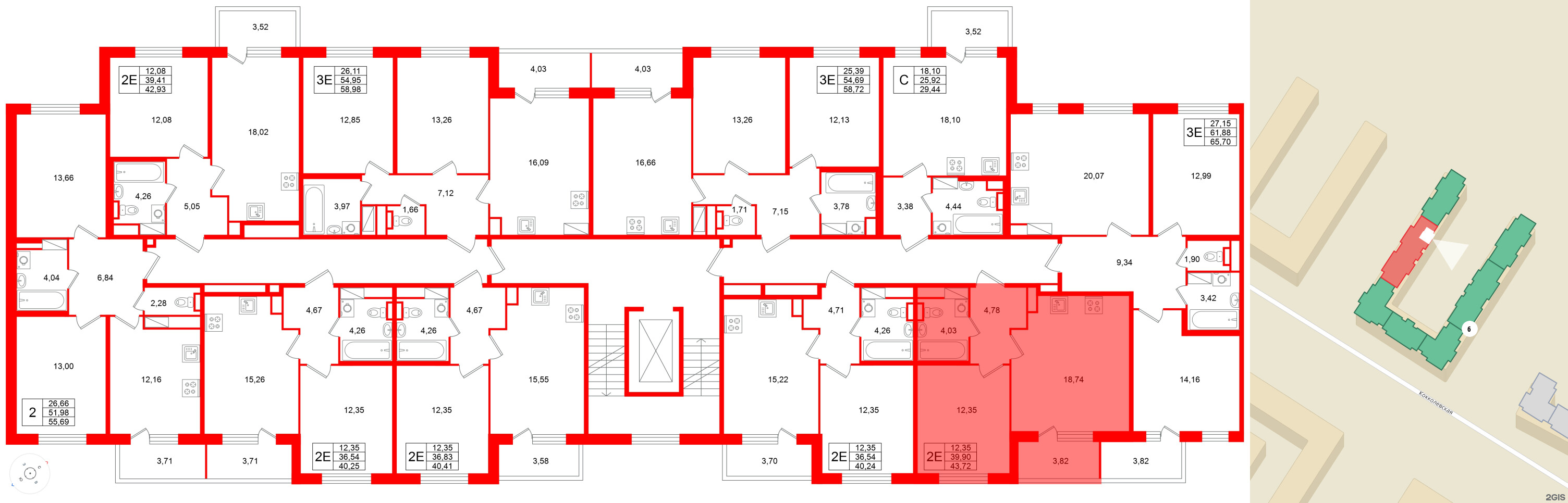 Квартира в ЖК Югтаун, 1 комнатная, 43.72 м², 2 этаж