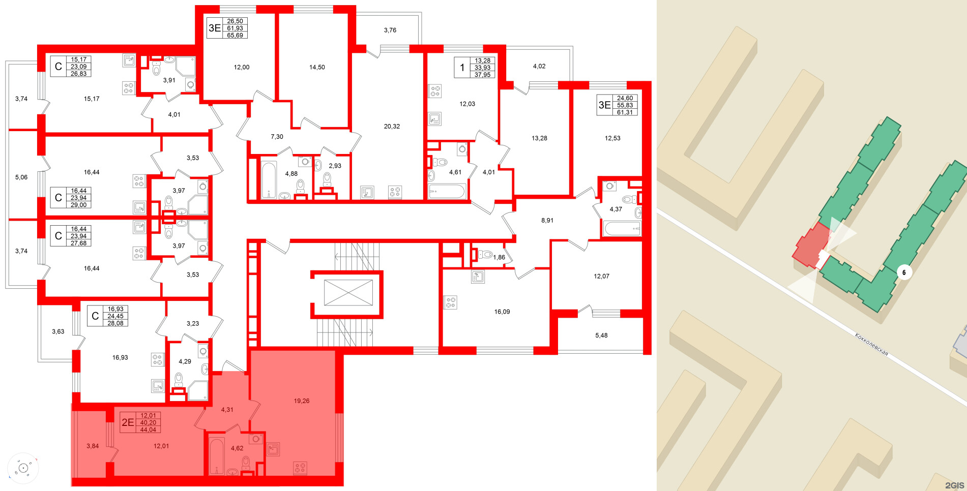 Квартира в ЖК Югтаун, 1 комнатная, 44.04 м², 2 этаж