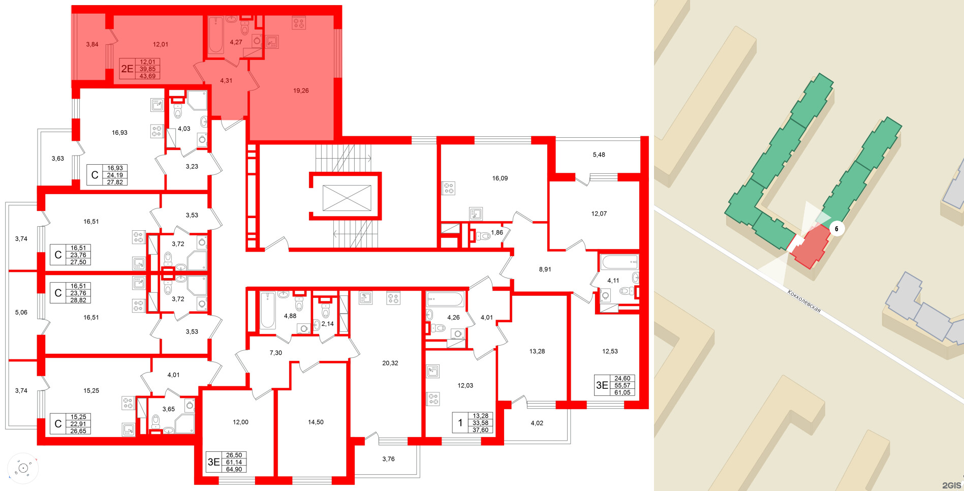 Квартира в ЖК Югтаун, 1 комнатная, 43.69 м², 3 этаж