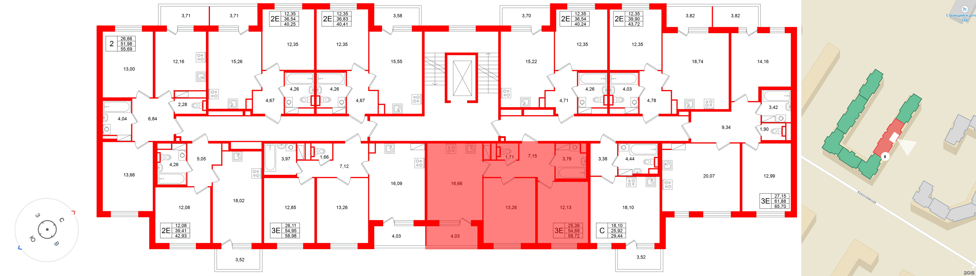 Квартира в ЖК «Югтаун», 2 комнатная, 58.72 м², 2 этаж