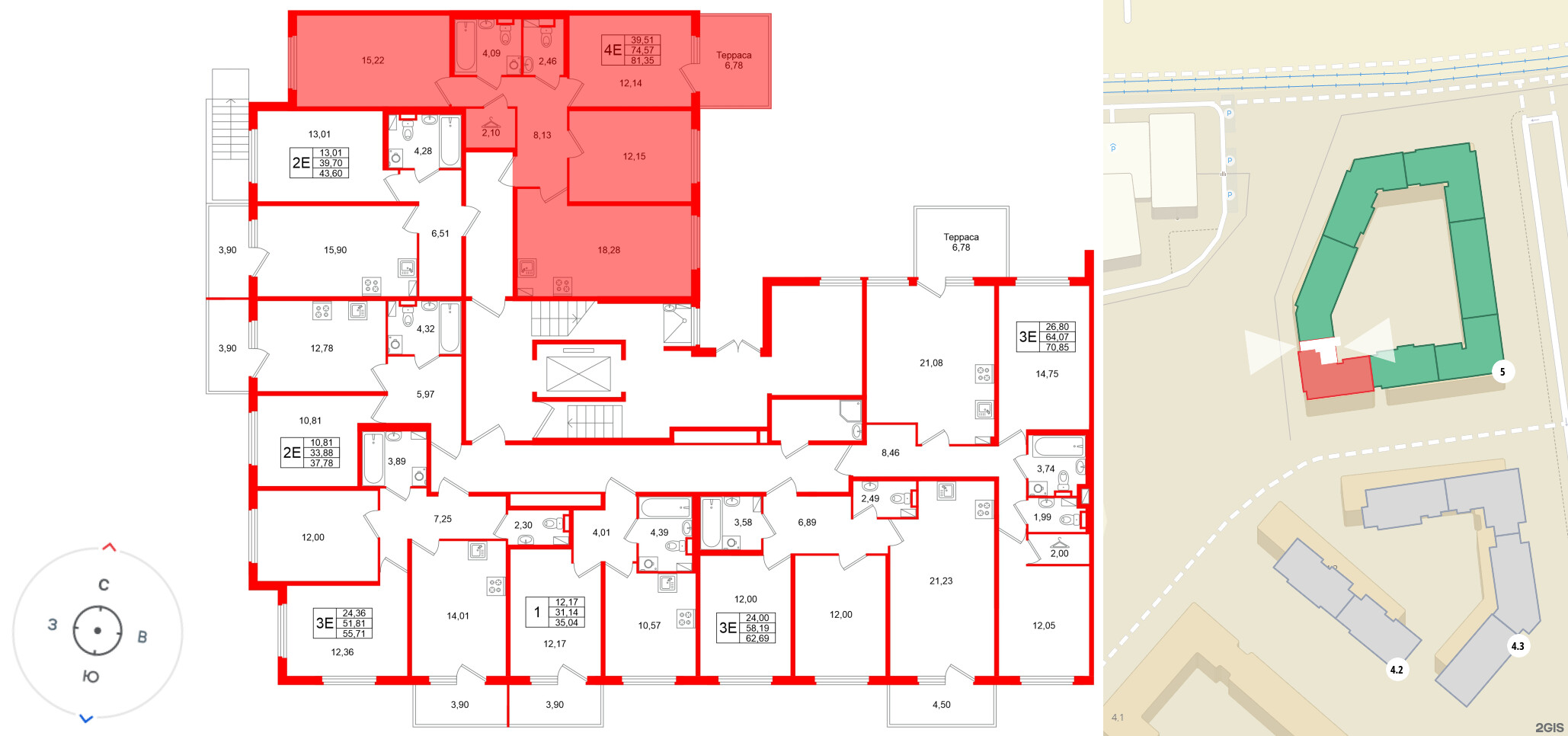 Квартира в ЖК Любоград, 3 комнатная, 81.35 м², 1 этаж