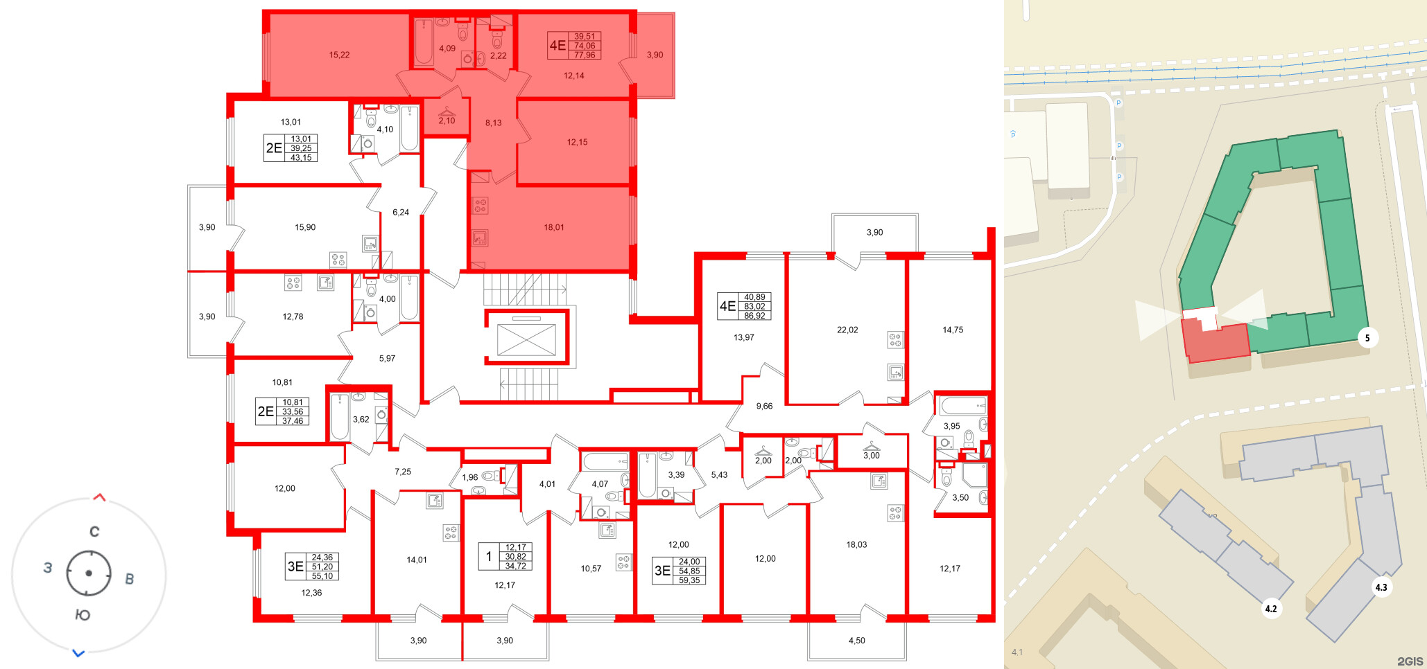 Квартира в ЖК Любоград, 3 комнатная, 77.96 м², 2 этаж