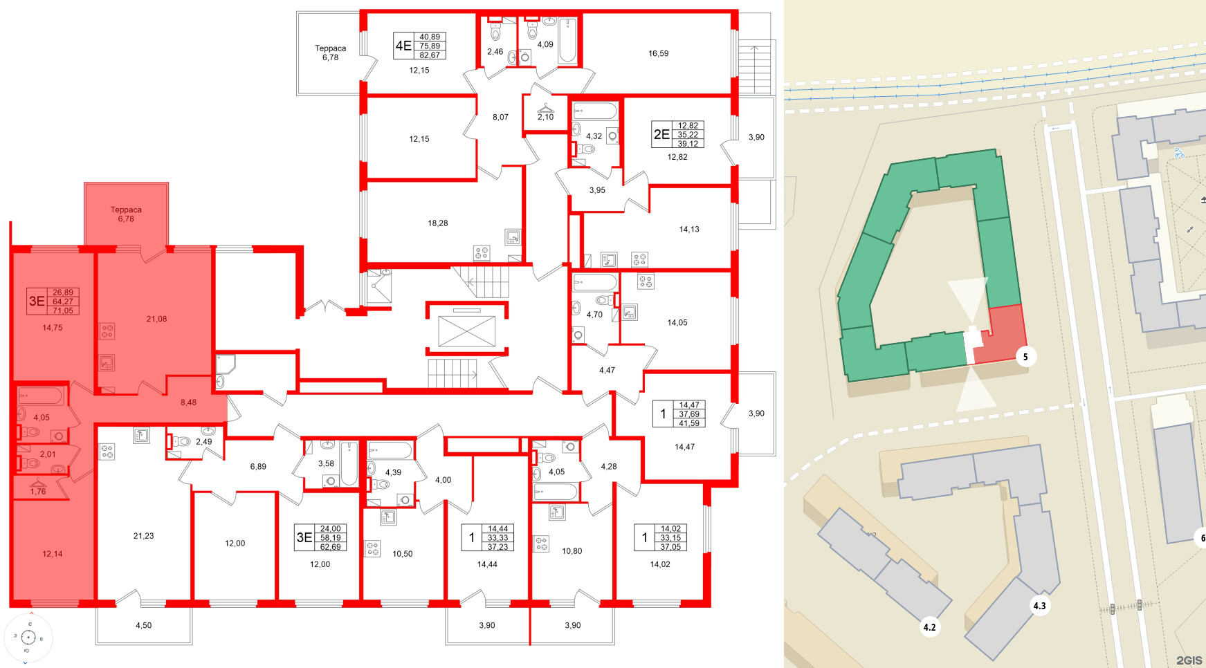 Квартира в ЖК Любоград, 2 комнатная, 71.05 м², 1 этаж