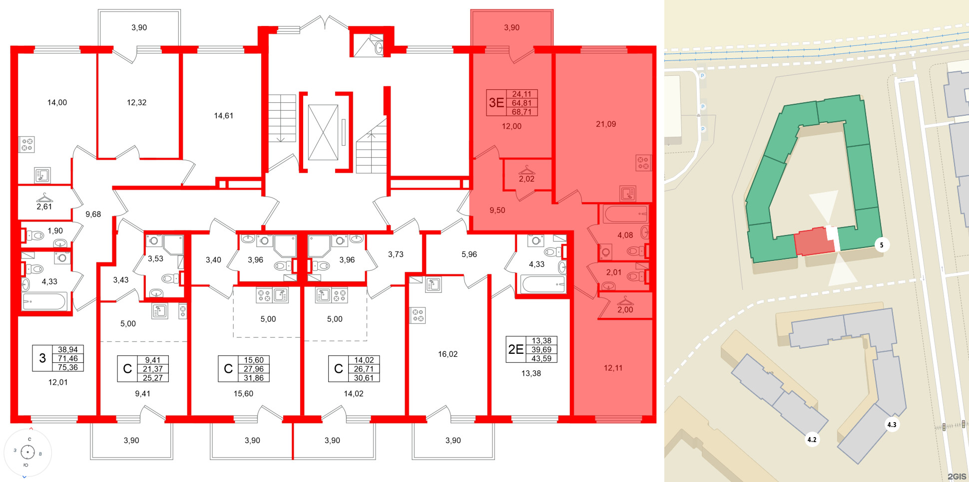Квартира в ЖК Любоград, 2 комнатная, 68.71 м², 1 этаж