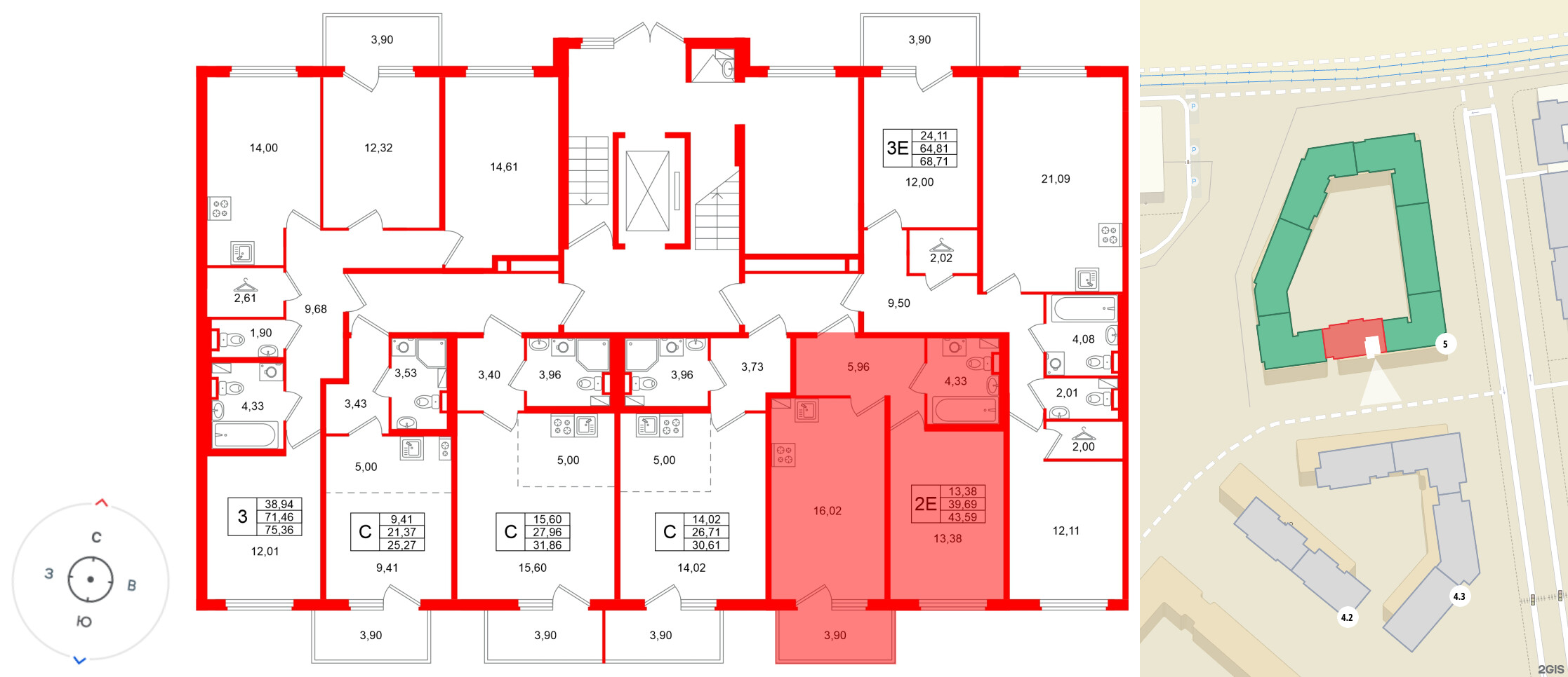 Квартира в ЖК «Любоград», 1 комнатная, 43.59 м², 1 этаж
