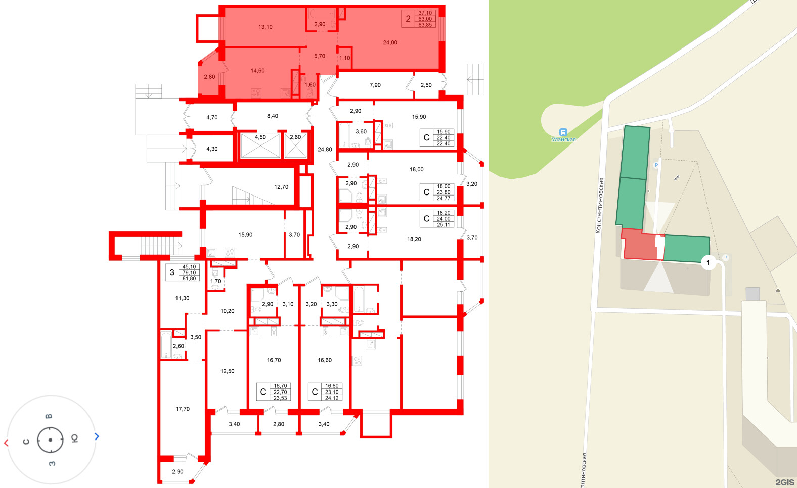 Квартира в ЖК Аннинский парк, 2 комнатная, 63 м², 1 этаж