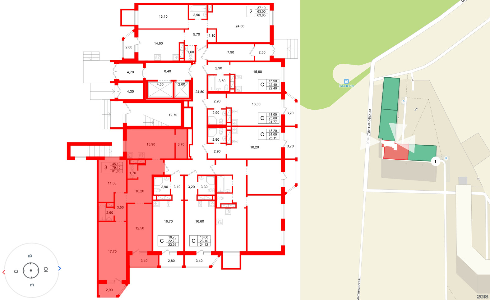 Квартира в ЖК Аннинский парк, 3 комнатная, 79.1 м², 1 этаж