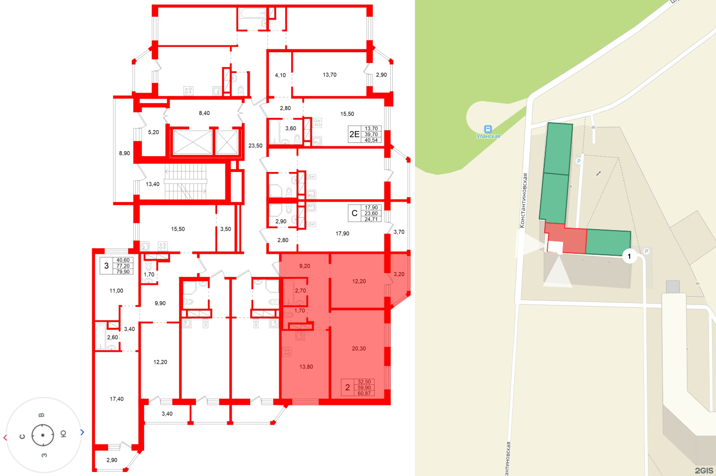 Квартира в ЖК Аннинский парк, 2 комнатная, 59.9 м², 2 этаж
