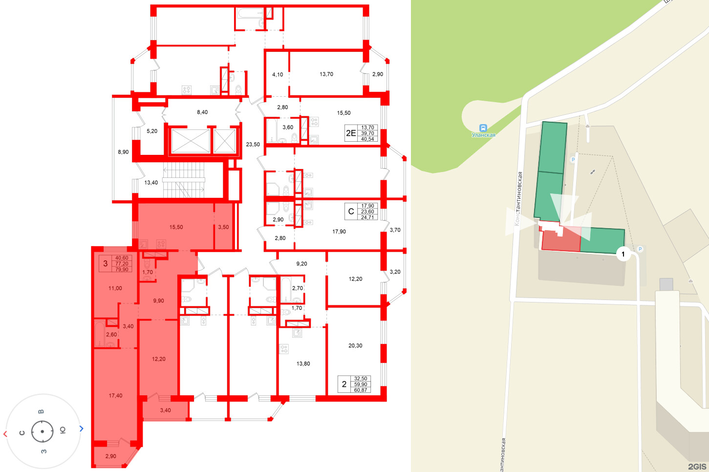 Квартира в ЖК Аннинский парк, 3 комнатная, 77.2 м², 2 этаж