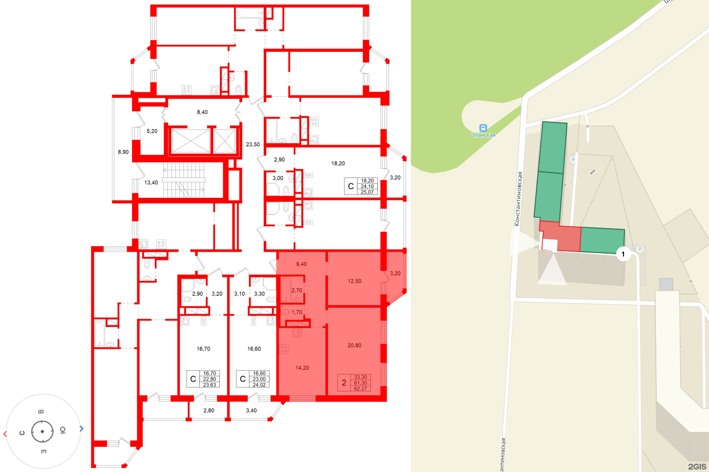 Квартира в ЖК Аннинский парк, 2 комнатная, 61.3 м², 7 этаж