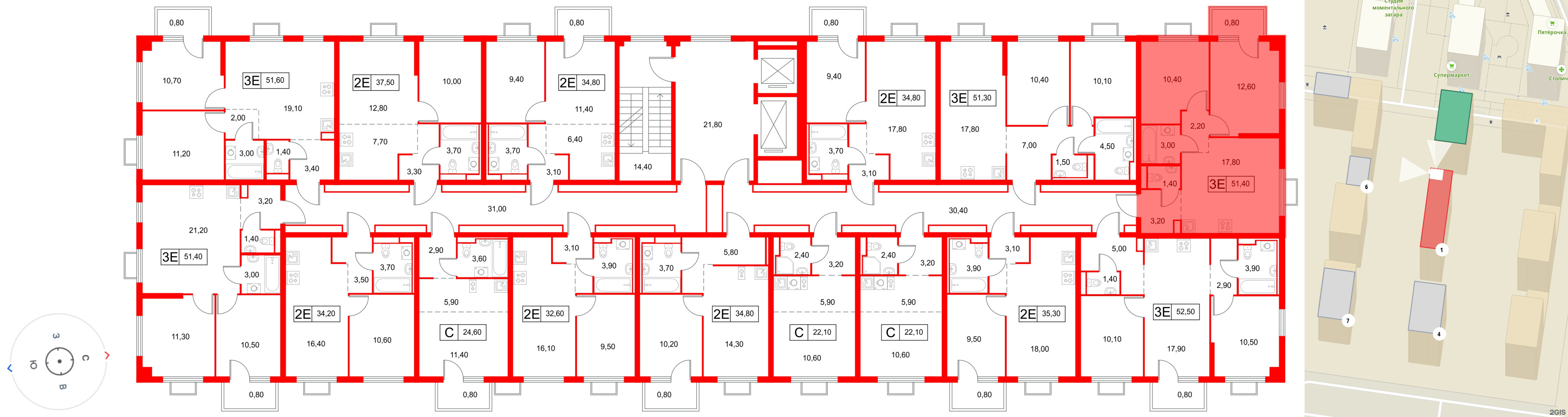 Квартира в ЖК Янинский Лес, 2 комнатная, 51.4 м², 4 этаж