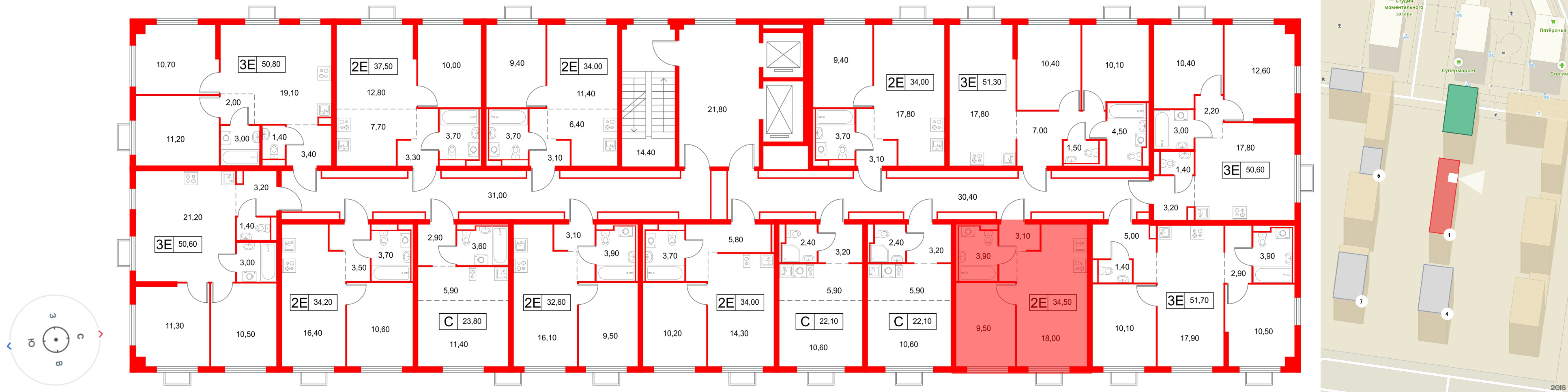 Квартира в ЖК Янинский Лес, 1 комнатная, 34.5 м², 6 этаж