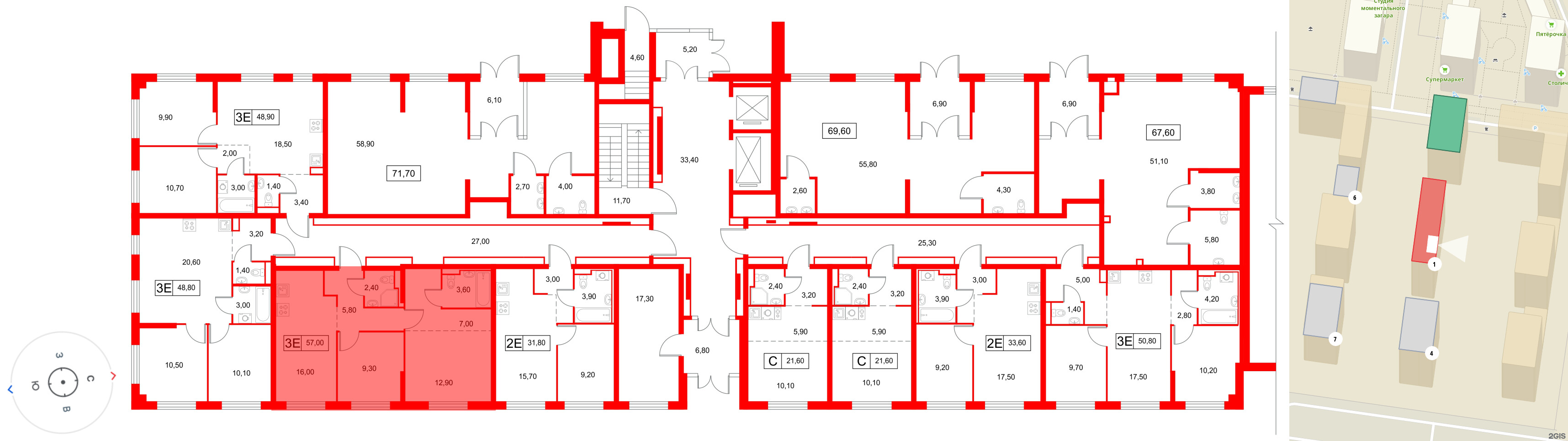 Квартира в ЖК Янинский Лес, 2 комнатная, 57 м², 1 этаж