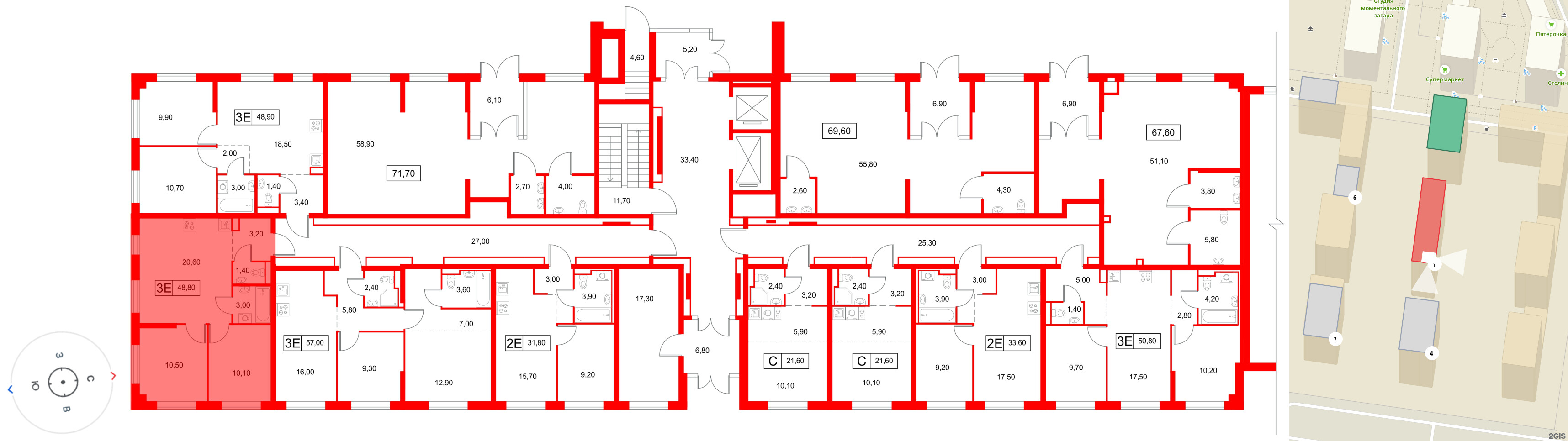 Квартира в ЖК Янинский Лес, 2 комнатная, 48.8 м², 1 этаж
