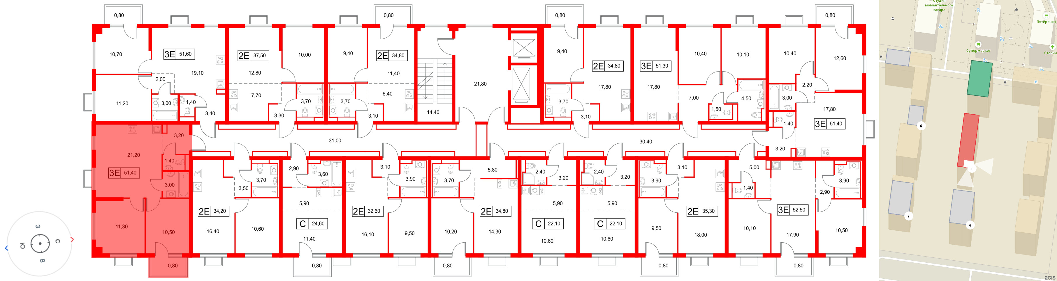 Квартира в ЖК Янинский Лес, 2 комнатная, 51.4 м², 4 этаж