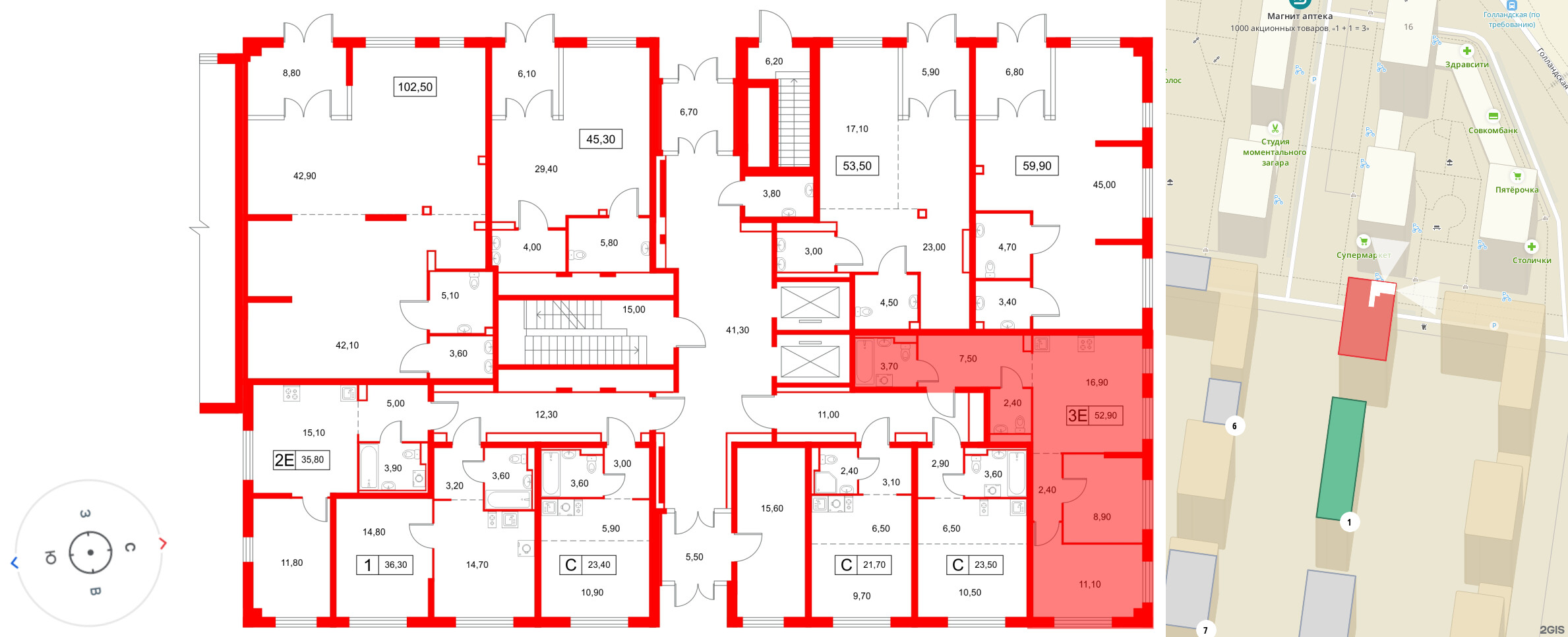 Квартира в ЖК Янинский Лес, 2 комнатная, 52.9 м², 1 этаж