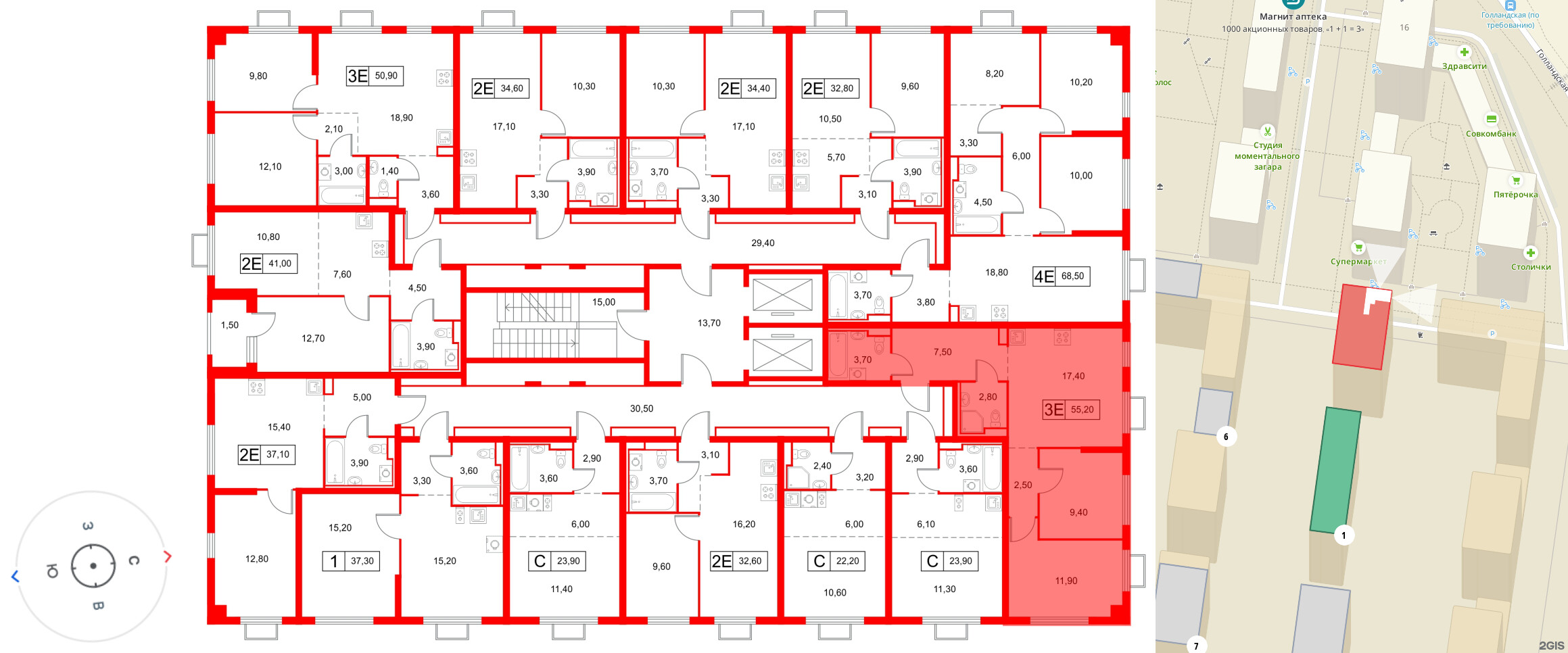 Квартира в ЖК Янинский Лес, 2 комнатная, 55.2 м², 6 этаж