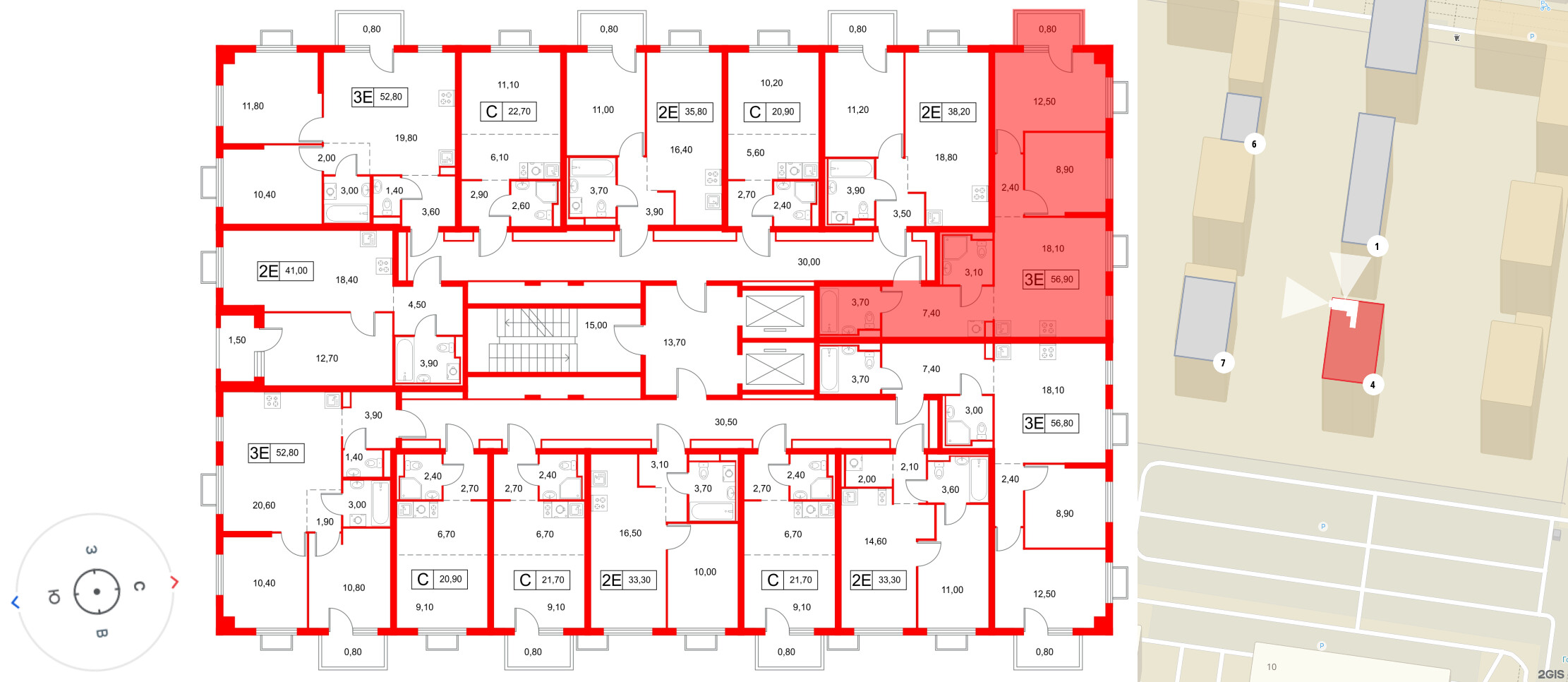 Квартира в ЖК Янинский Лес, 2 комнатная, 56.9 м², 7 этаж