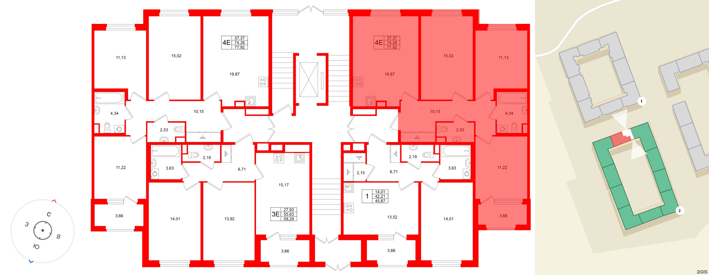 Квартира в ЖК Дубровский, 3 комнатная, 74.26 м², 1 этаж