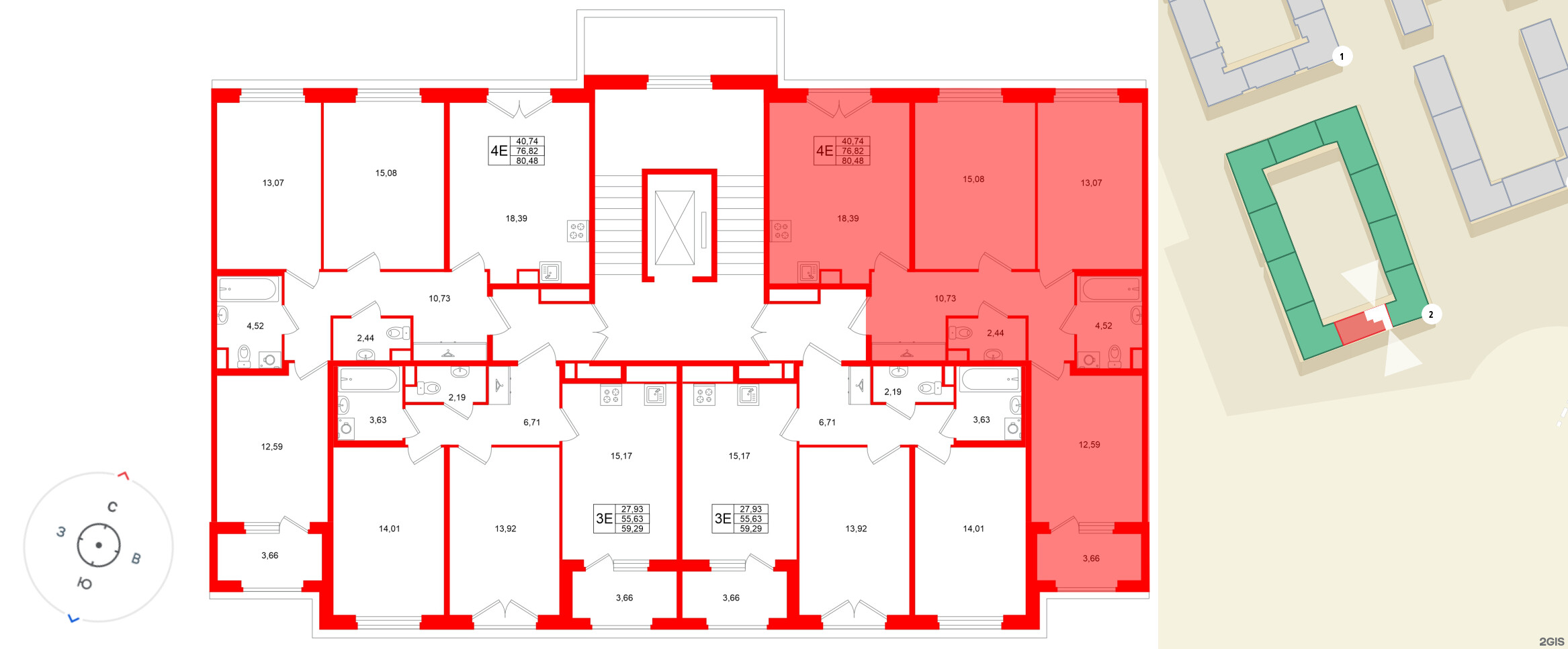 Квартира в ЖК Дубровский, 3 комнатная, 76.82 м², 2 этаж