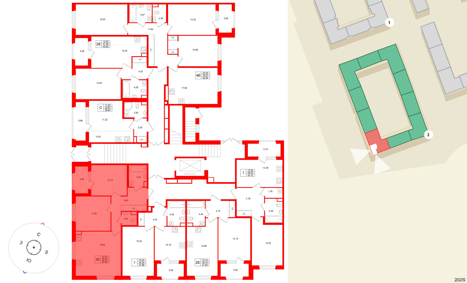 Квартира в ЖК «Дубровский», 2 комнатная, 56.52 м², 1 этаж